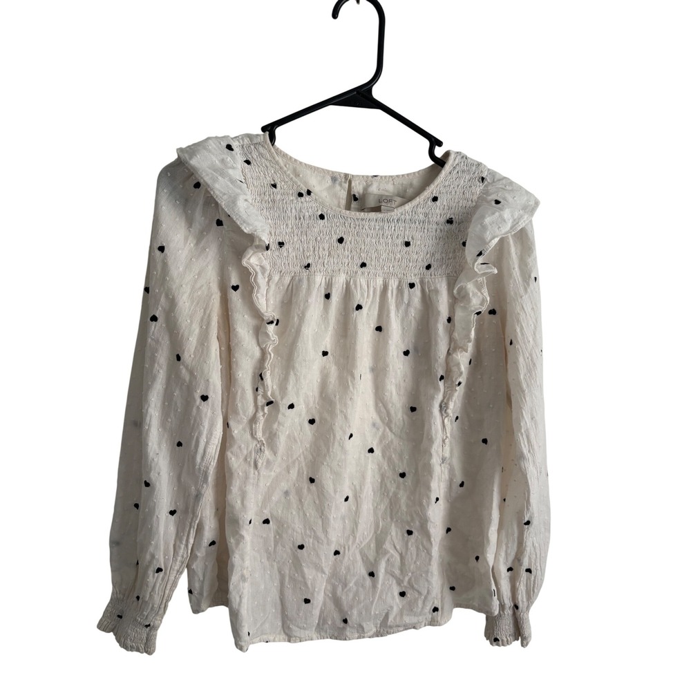 LOFT White Heart Embroidered Clip Dot Ruffle Smocked Blouse Small Long Sleeve